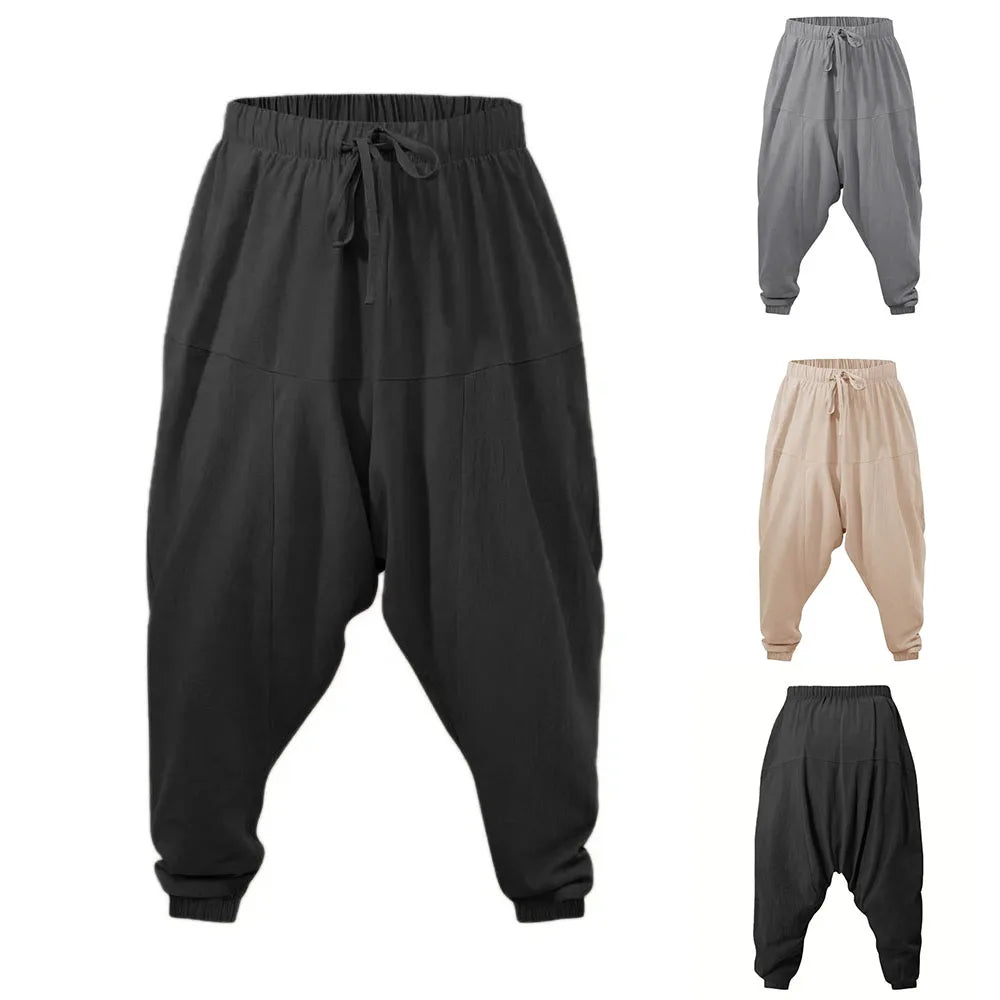 Harem Pants for Men Cotton Linen Drop Crotch Cozy Streetwear Loose Fit Breathable Lightweight Long Pants Male Joggers
