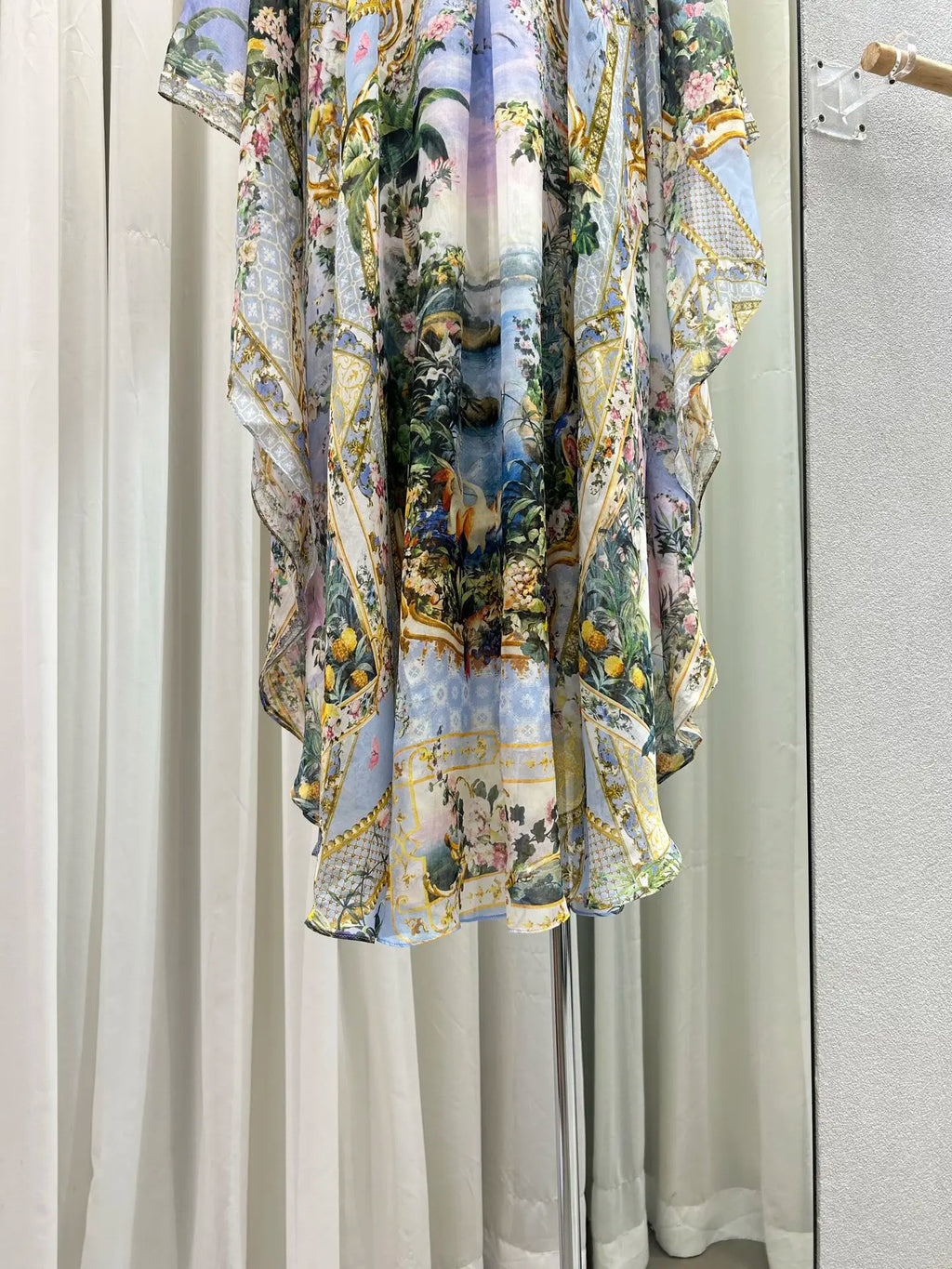 Floral Print Blue Robe for Women Heavy Beaded V-Neck Lace-up High Waist Batwing Sleeve Holiday Style Long Dress