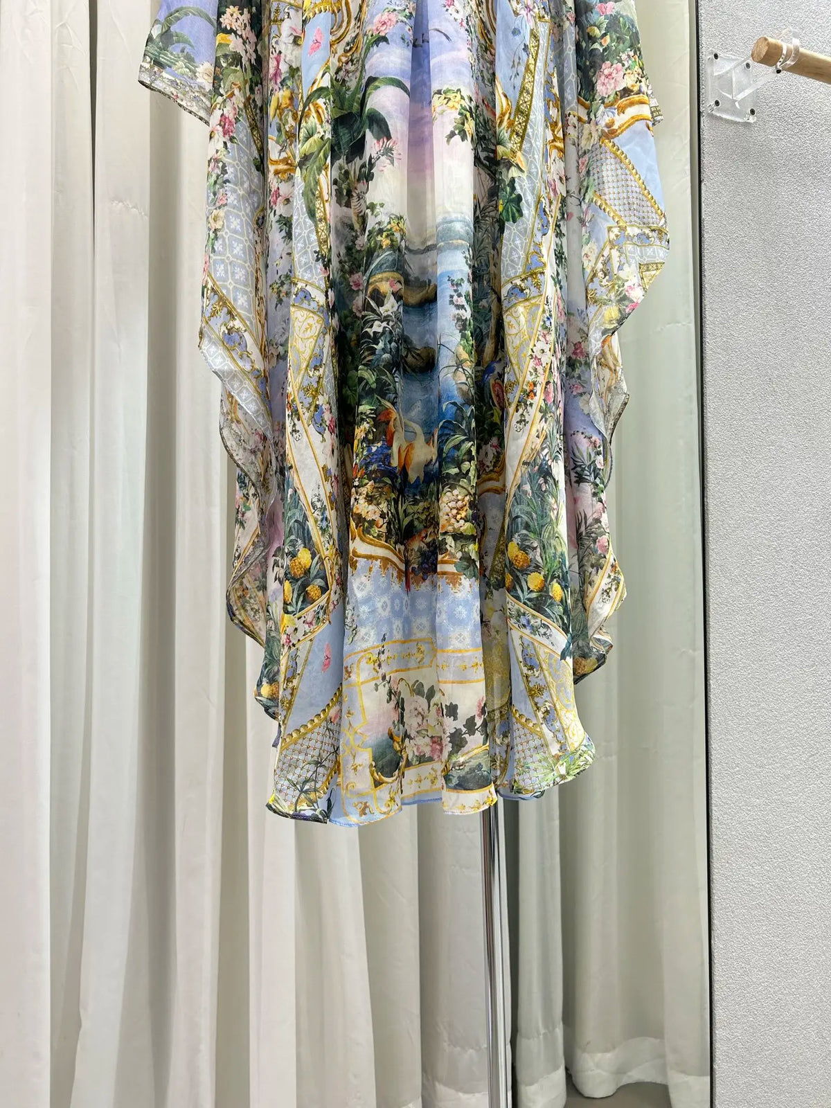 Floral Print Blue Robe for Women Heavy Beaded V-Neck Lace-up High Waist Batwing Sleeve Holiday Style Long Dress