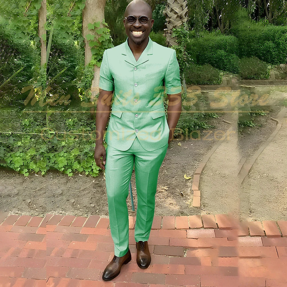 Fashion Summer Short Sleeve Men's Suits Outfits High Quality Single Breasted Notch Lapel Slim Fit 2 Piece Jacket Pants Blazer