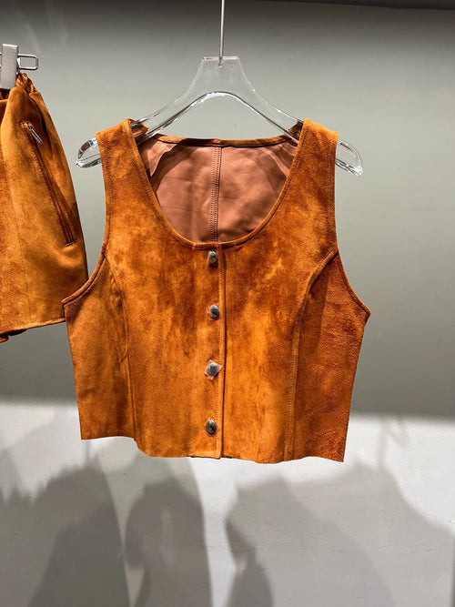 2026 Autumn New Suede Sheepskin Short Skirt Set, Suede Sheepskin Vest Paired with Short Half Skirt, High Quality, Girl Style,