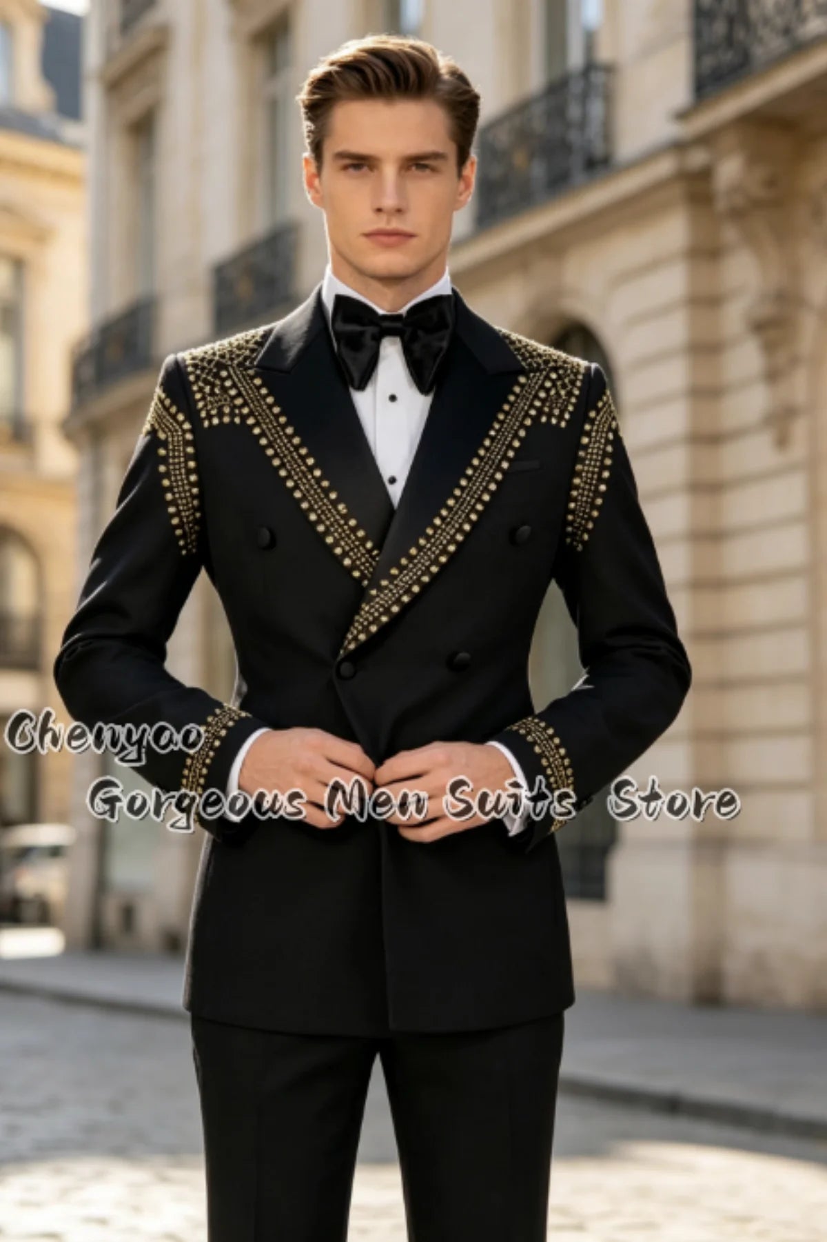 Fashion Handmade Gold Beading Men Suits Tuxedo Double‑Breasted Blazer Pants Set Groom Wedding Performance Attire 2 Pieces Custom