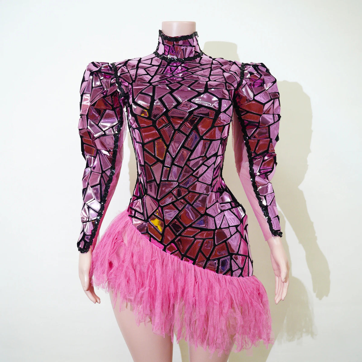 Fashion Black Suit Mirror Dress Women Long Sleeve Birthday Party Prom Stage Dance Performance Outfits Club Drag Queen Costume