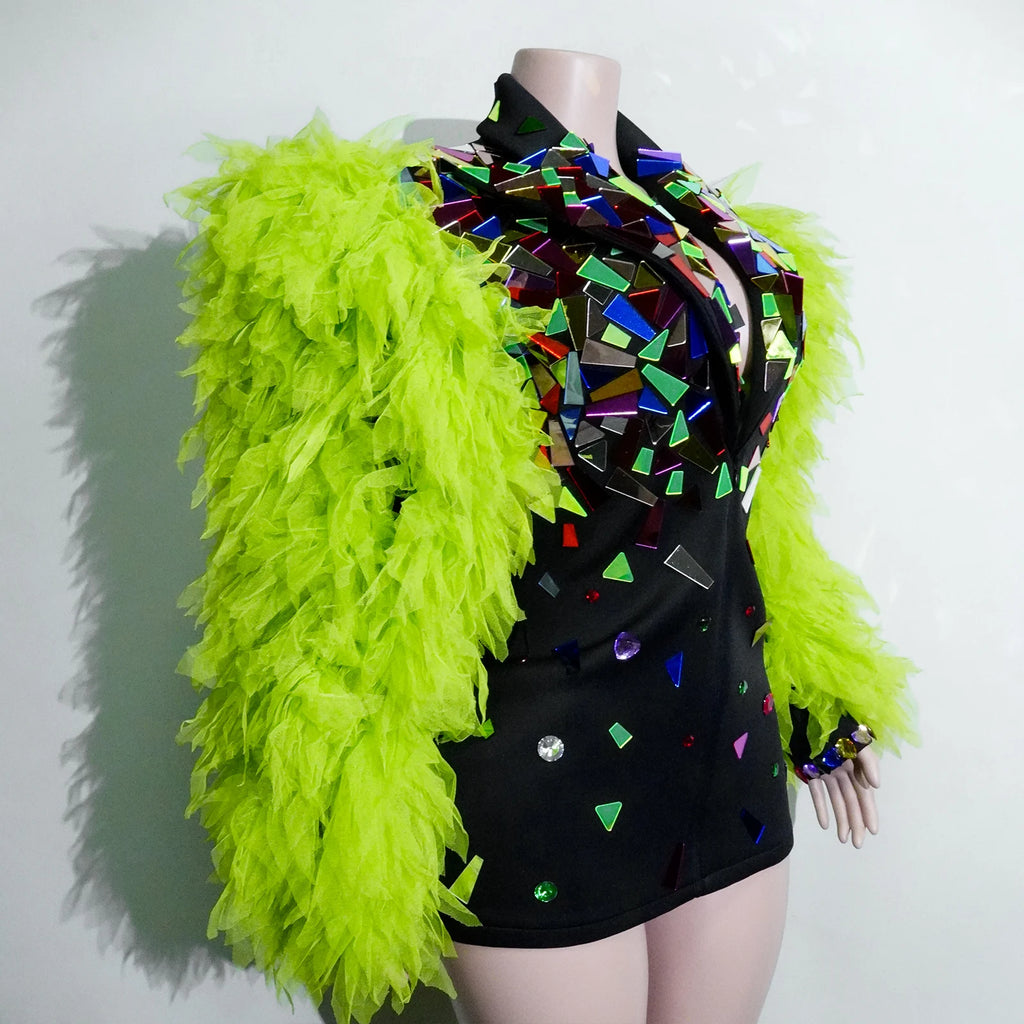 Fashion Black Suit Mirror Dress Women Long Sleeve Birthday Party Prom Stage Dance Performance Outfits Club Drag Queen Costume