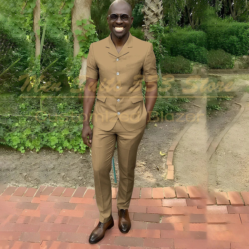 Fashion Summer Short Sleeve Men's Suits Outfits High Quality Single Breasted Notch Lapel Slim Fit 2 Piece Jacket Pants Blazer