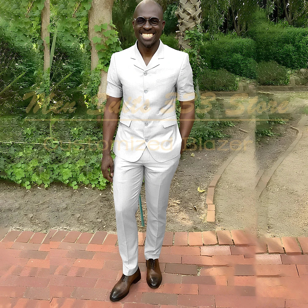 Fashion Summer Short Sleeve Men's Suits Outfits High Quality Single Breasted Notch Lapel Slim Fit 2 Piece Jacket Pants Blazer