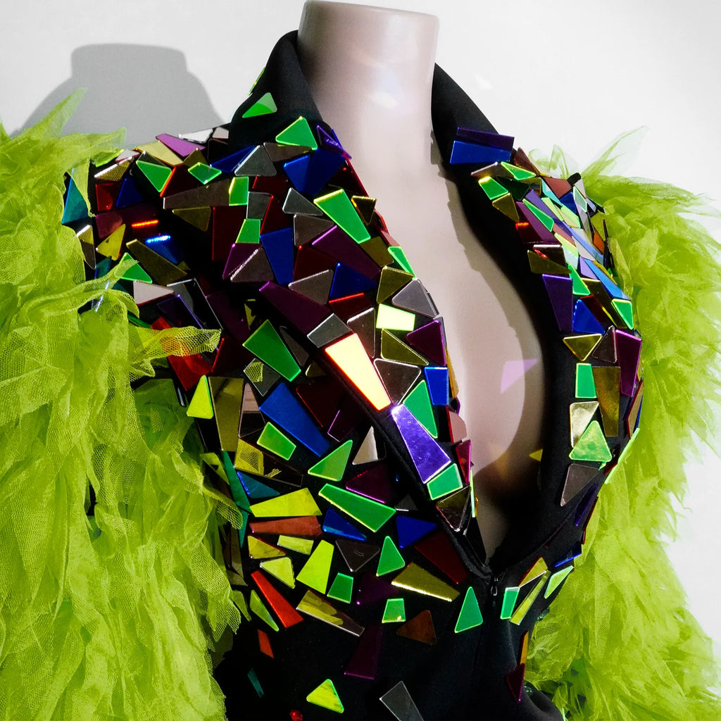 Fashion Black Suit Mirror Dress Women Long Sleeve Birthday Party Prom Stage Dance Performance Outfits Club Drag Queen Costume