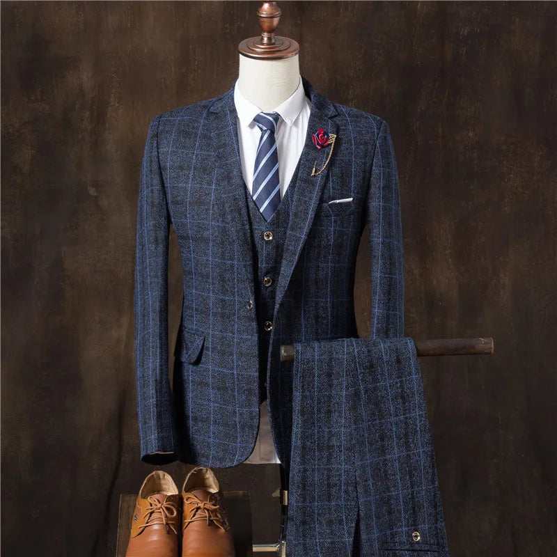 Formal Groom Wear 3 Piece (Blazer+ Vest + Pants) Men's Suit Fashion Business Gentleman Wedding Casual Plaid Cotton Linen Jacket