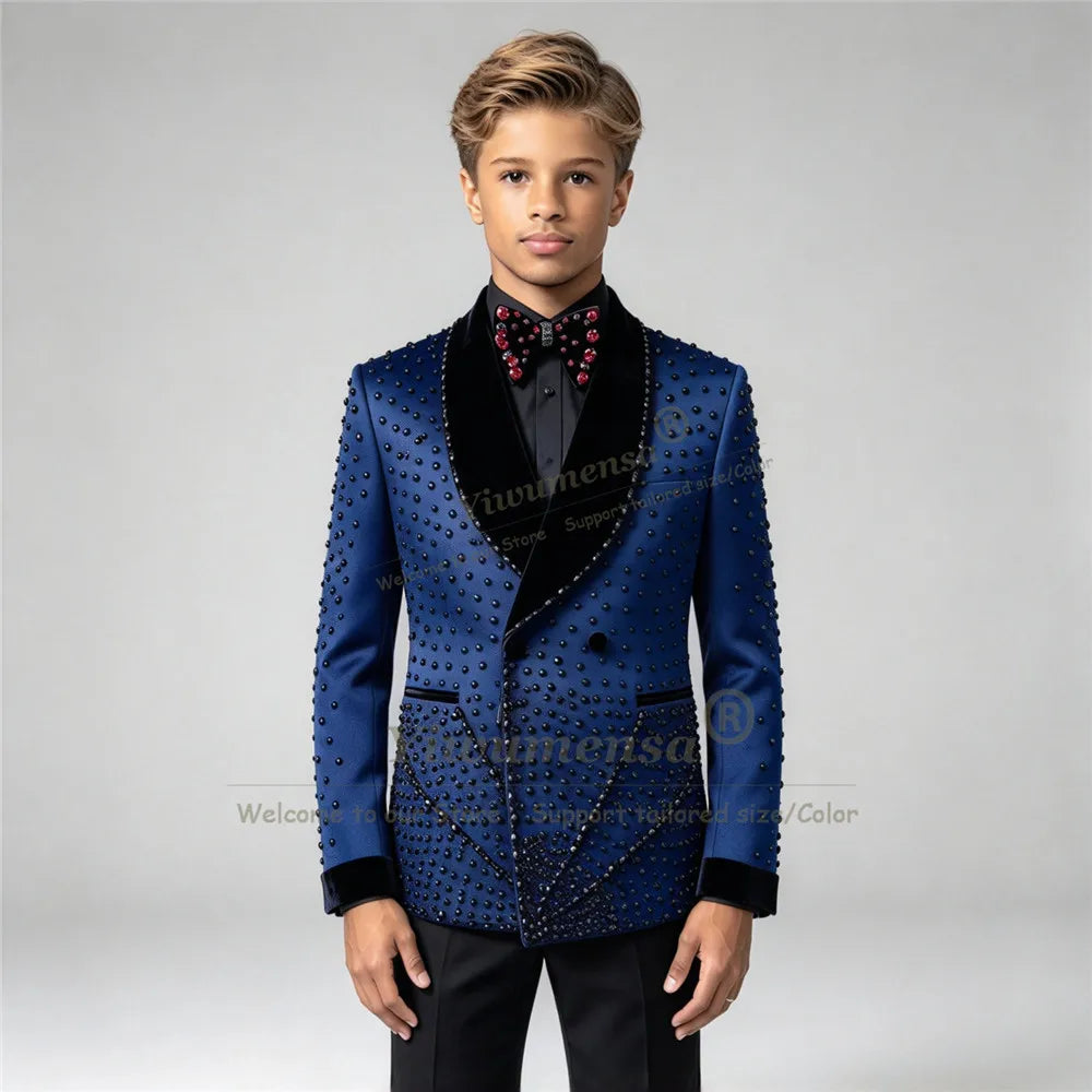 Luxury Boy's Suit For Wedding Black Stones Velvet Lapel Children Tuxedo Birthday Party Attire Customized 2 Piece Sets Kids Dress
