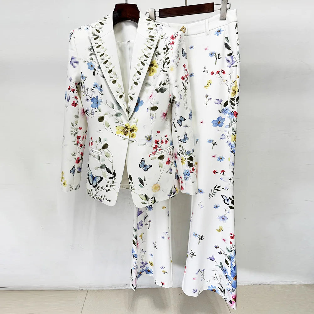 2026 New Fashionable White Digital Print Suit Jacket and Trousers Set - Casual Two-Piece Set