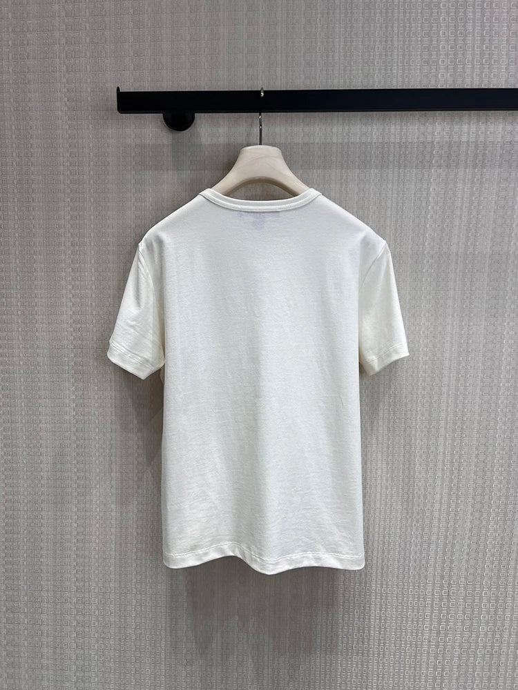 Summer Fashion Outdoors Casual White Color Simplicity Cotton T-Shirts Women's O-Neck Pocket Short Sleeve Loose Breathable Tops