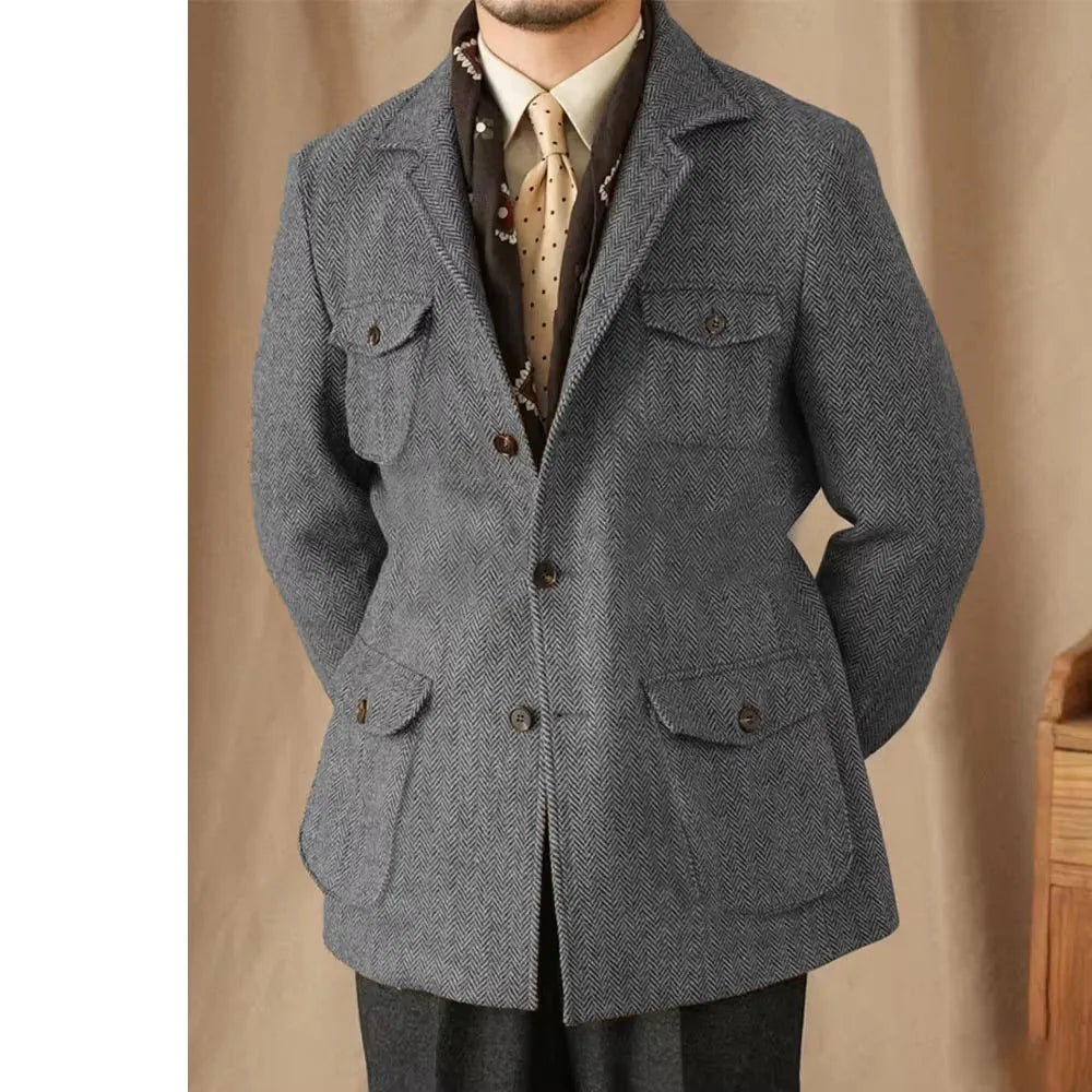 Men's Suits Vintage Herringbone Tweed Blazer British Wool Blend Double Breasted Lightweight Casual Sport Coat Formal Jacket