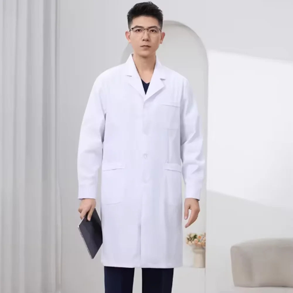 Men WorkwearHospital Clinical Pharmacist Uniform Long Sleeve White Lab Coat Lapel Collar Button Medical Doctor Blouse Wholesale