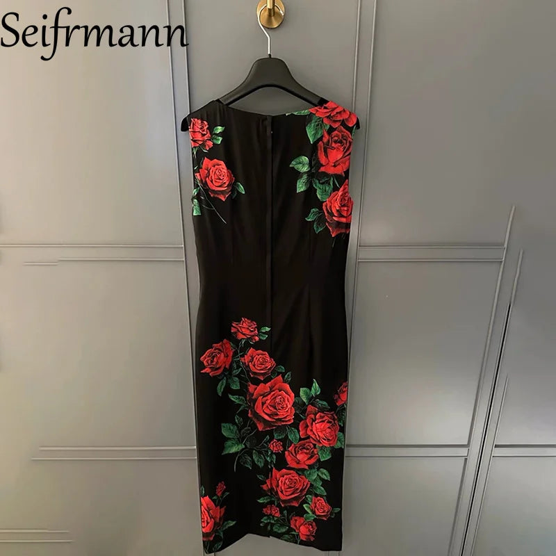 Seifrmann Casual printed silk vest dress round neck sleeveless waist mid-length dress 2026 autumn women's new style
