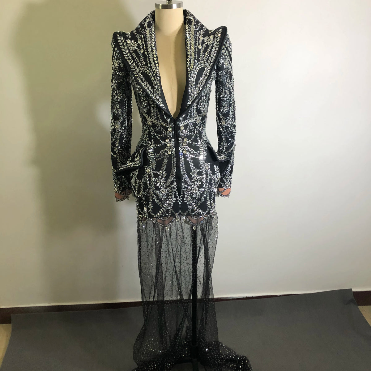 Fashion Black Suit Mirror Dress Women Long Sleeve Birthday Party Prom Stage Dance Performance Outfits Club Drag Queen Costume