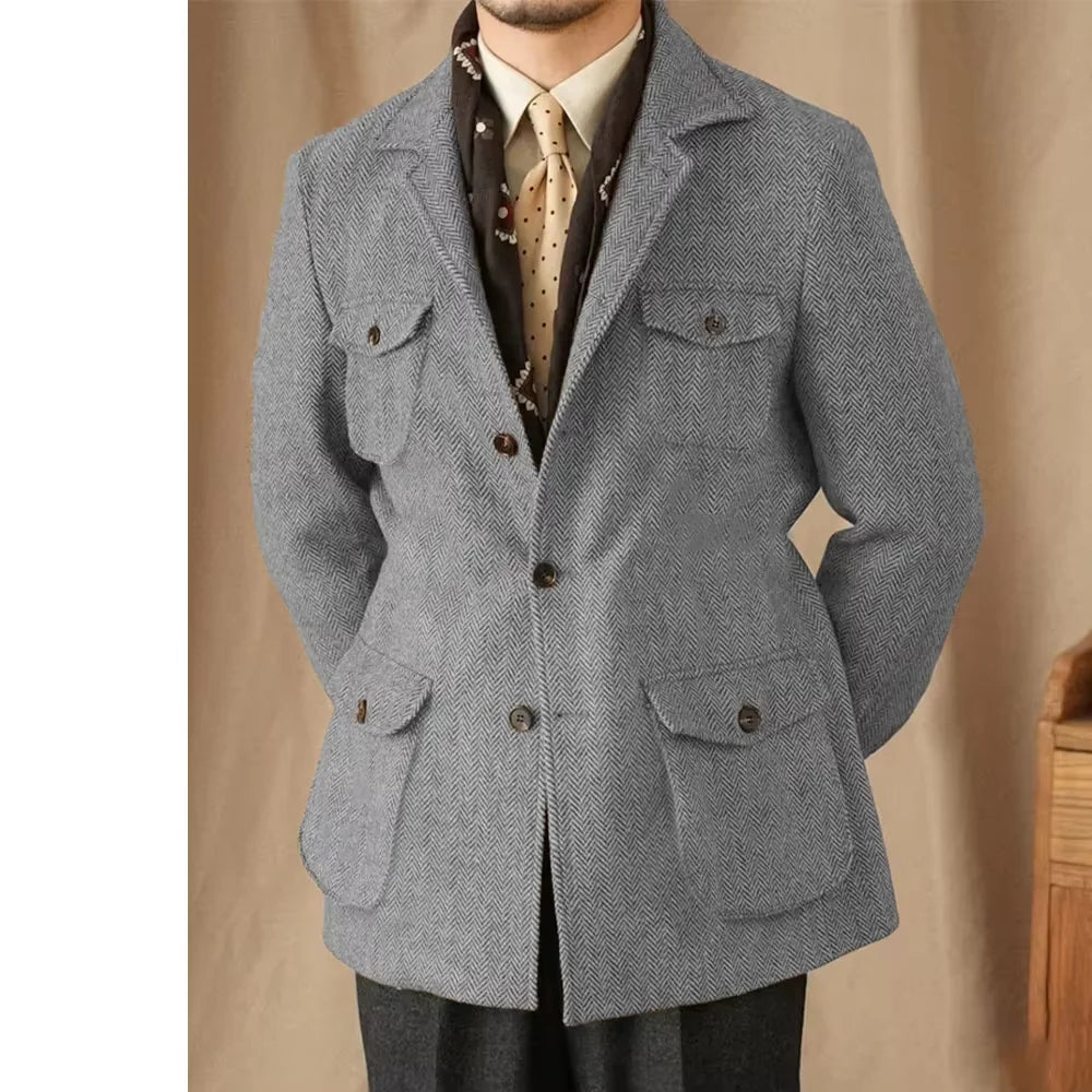 Men's Suits Vintage Herringbone Tweed Blazer British Wool Blend Double Breasted Lightweight Casual Sport Coat Formal Jacket