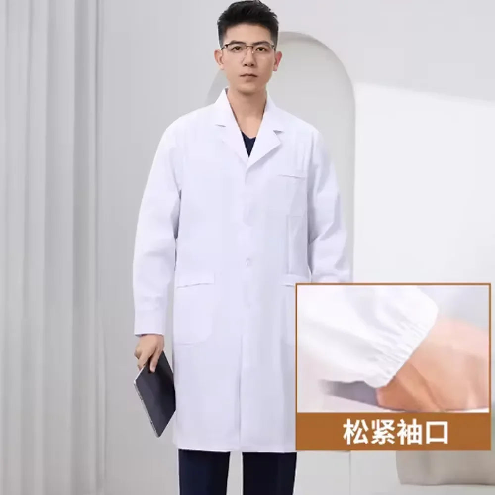 Men WorkwearHospital Clinical Pharmacist Uniform Long Sleeve White Lab Coat Lapel Collar Button Medical Doctor Blouse Wholesale