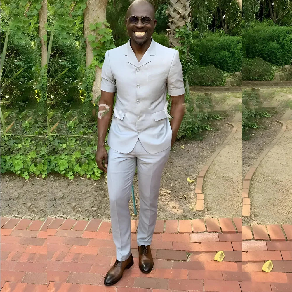 Fashion Summer Short Sleeve Men's Suits Outfits High Quality Single Breasted Notch Lapel Slim Fit 2 Piece Jacket Pants Blazer