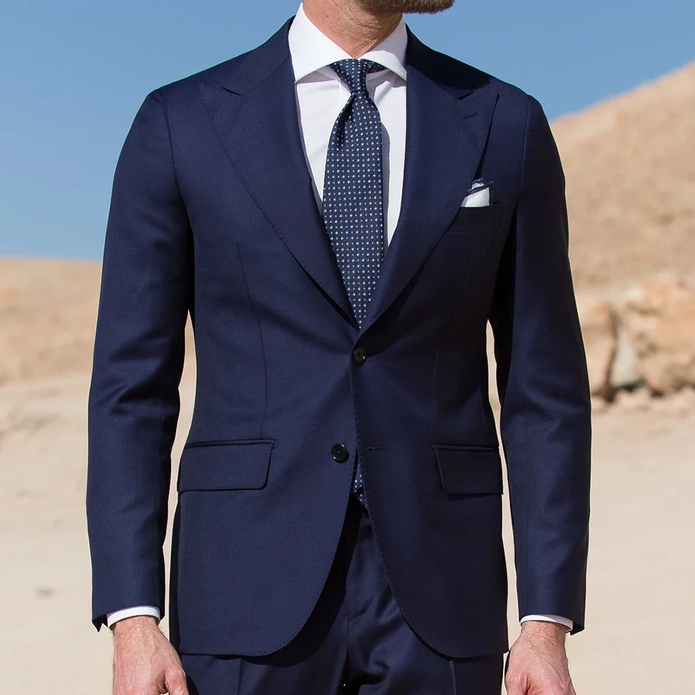 Luxury 100% Wool Super 140 Wedding Suits For Men Fashion Design Light Navy Blue Tailor Made Suits Pick Stitching Wide Peak Lapel