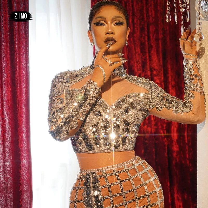 fashion Silver Sequins top and skirt 2 piece Outfits Sets Party birthday mesh See-through Sexy club DS Stage Performance Clothes