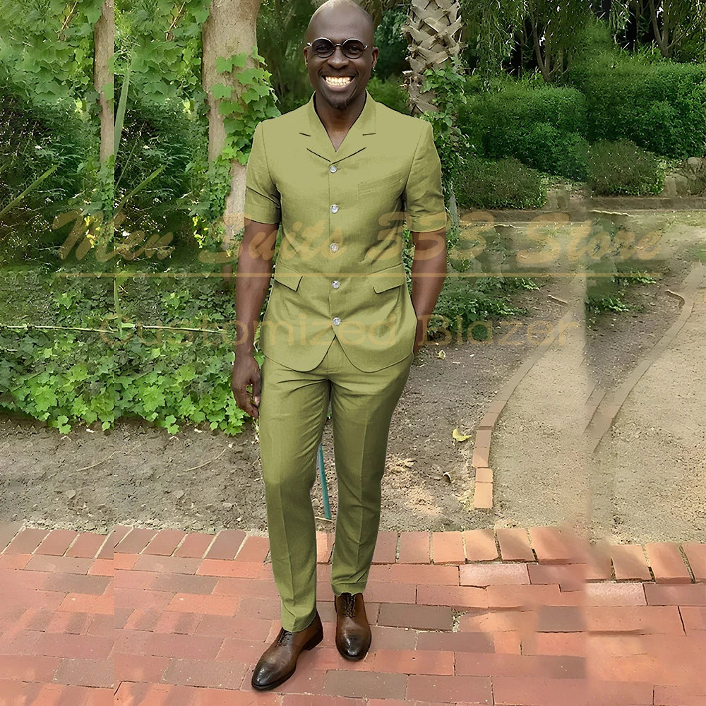 Fashion Summer Short Sleeve Men's Suits Outfits High Quality Single Breasted Notch Lapel Slim Fit 2 Piece Jacket Pants Blazer
