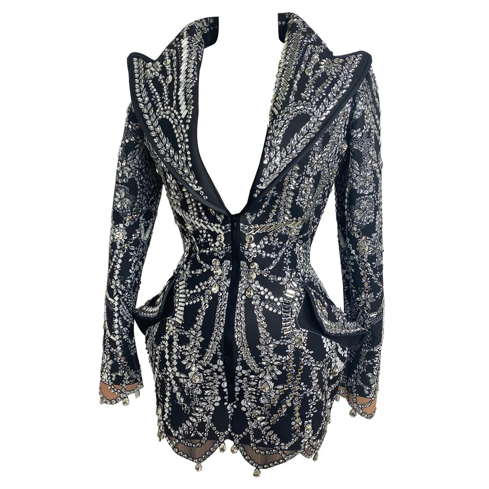 Fashion Black Suit Mirror Dress Women Long Sleeve Birthday Party Prom Stage Dance Performance Outfits Club Drag Queen Costume