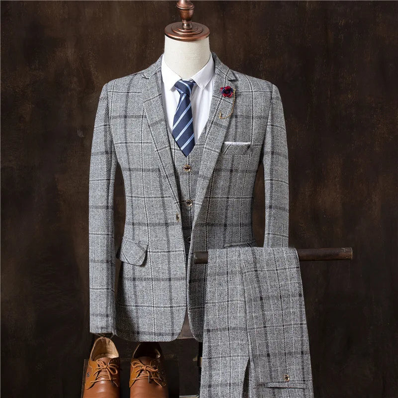 Formal Groom Wear 3 Piece (Blazer+ Vest + Pants) Men's Suit Fashion Business Gentleman Wedding Casual Plaid Cotton Linen Jacket