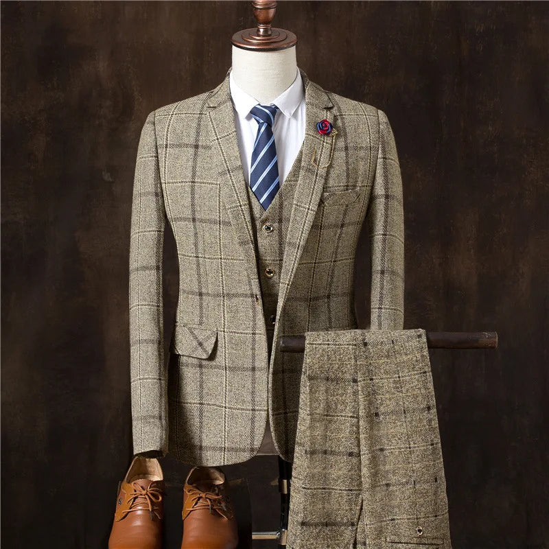 Formal Groom Wear 3 Piece (Blazer+ Vest + Pants) Men's Suit Fashion Business Gentleman Wedding Casual Plaid Cotton Linen Jacket