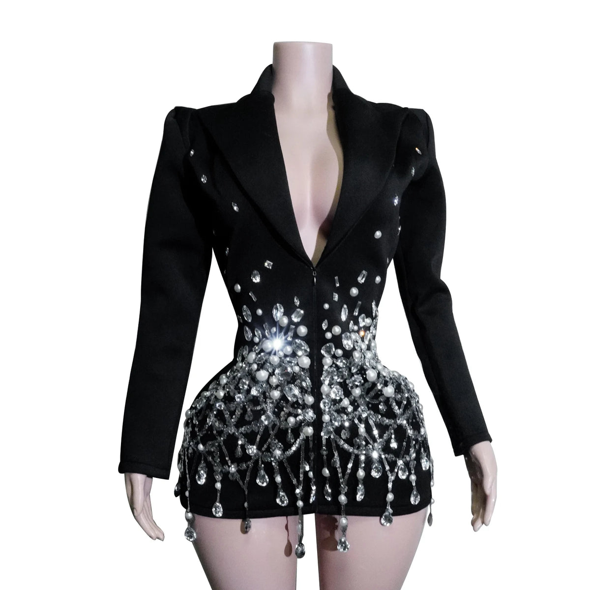 Fashion Black Suit Mirror Dress Women Long Sleeve Birthday Party Prom Stage Dance Performance Outfits Club Drag Queen Costume