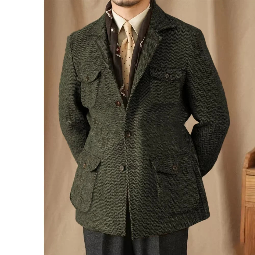 Men's Suits Vintage Herringbone Tweed Blazer British Wool Blend Double Breasted Lightweight Casual Sport Coat Formal Jacket