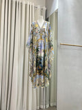 Floral Print Blue Robe for Women Heavy Beaded V-Neck Lace-up High Waist Batwing Sleeve Holiday Style Long Dress
