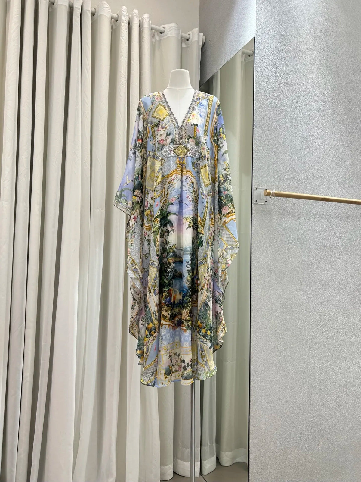 Floral Print Blue Robe for Women Heavy Beaded V-Neck Lace-up High Waist Batwing Sleeve Holiday Style Long Dress