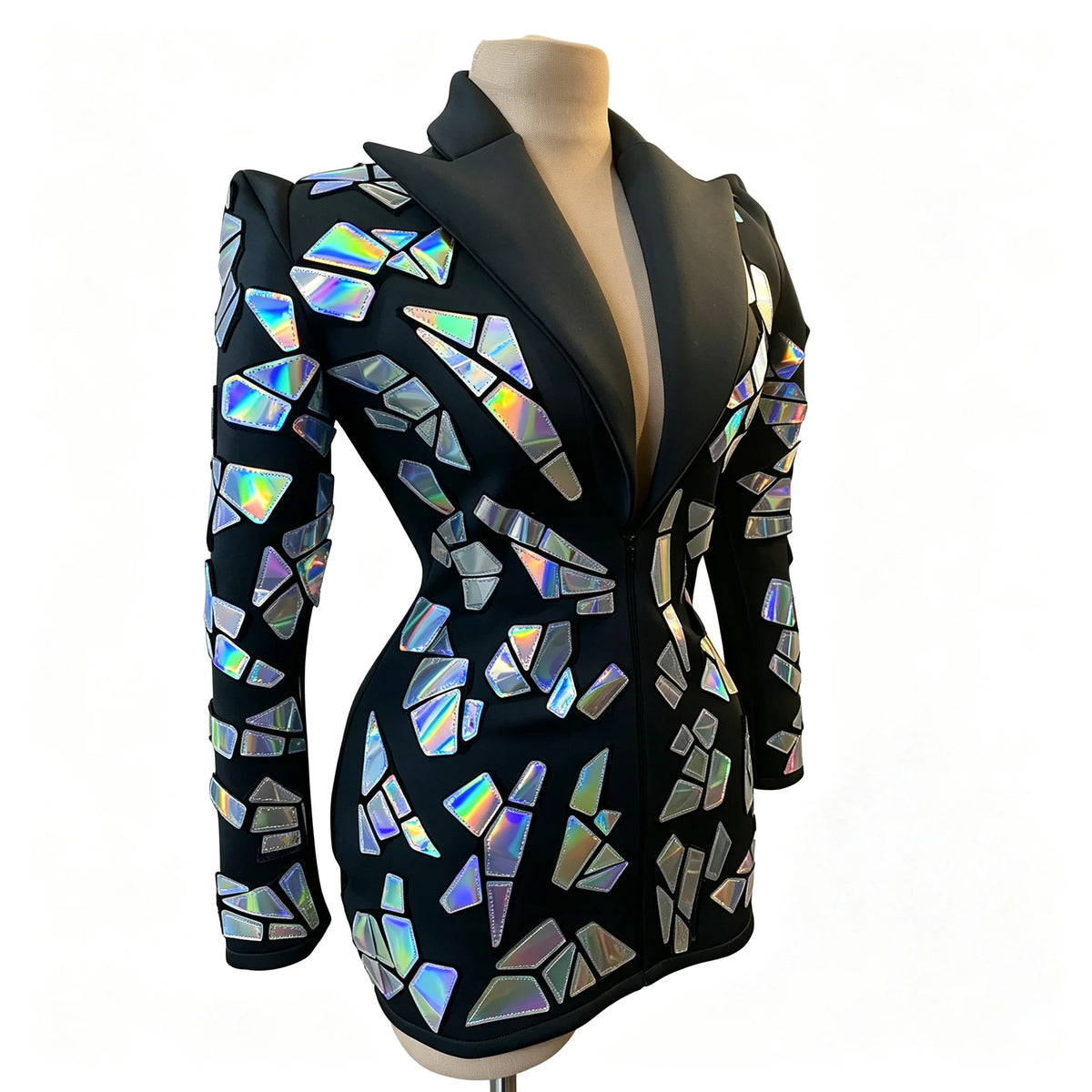 Fashion Black Suit Mirror Dress Women Long Sleeve Birthday Party Prom Stage Dance Performance Outfits Club Drag Queen Costume