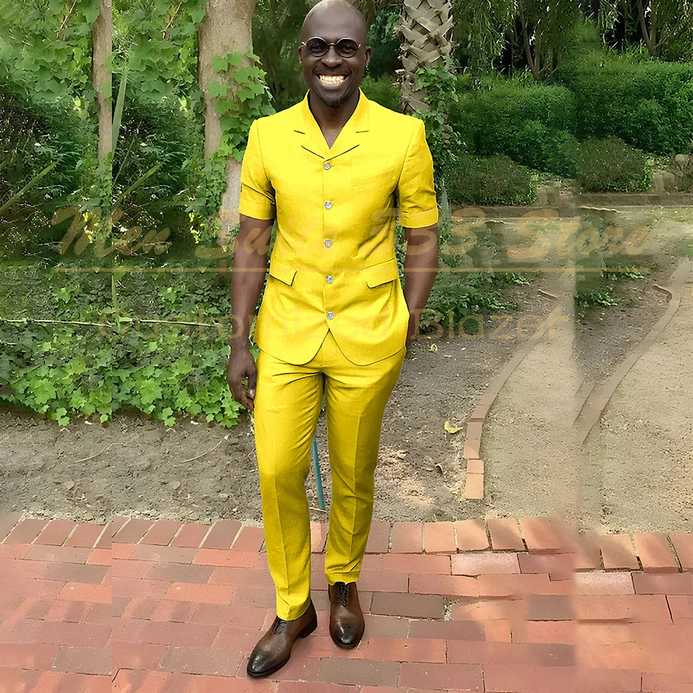 Fashion Summer Short Sleeve Men's Suits Outfits High Quality Single Breasted Notch Lapel Slim Fit 2 Piece Jacket Pants Blazer