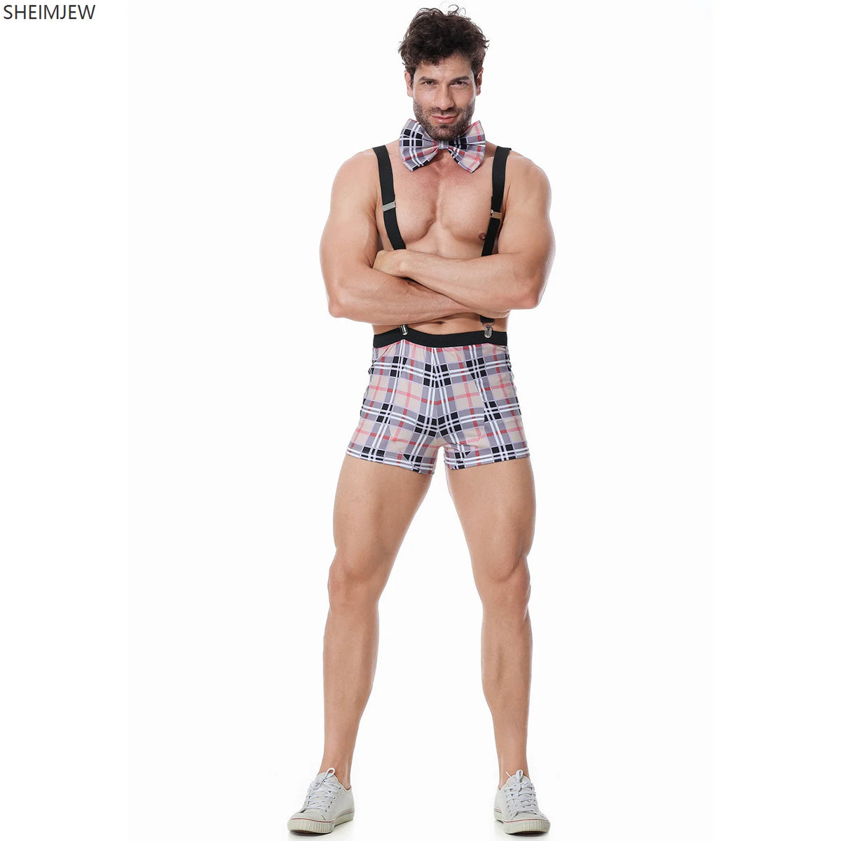 Men's Bar Nightclub Sexy Waiter Uniform Adult Underwear Bow Plaid Suspenders Party Cosplay Costume Halloween Suspenders 2026