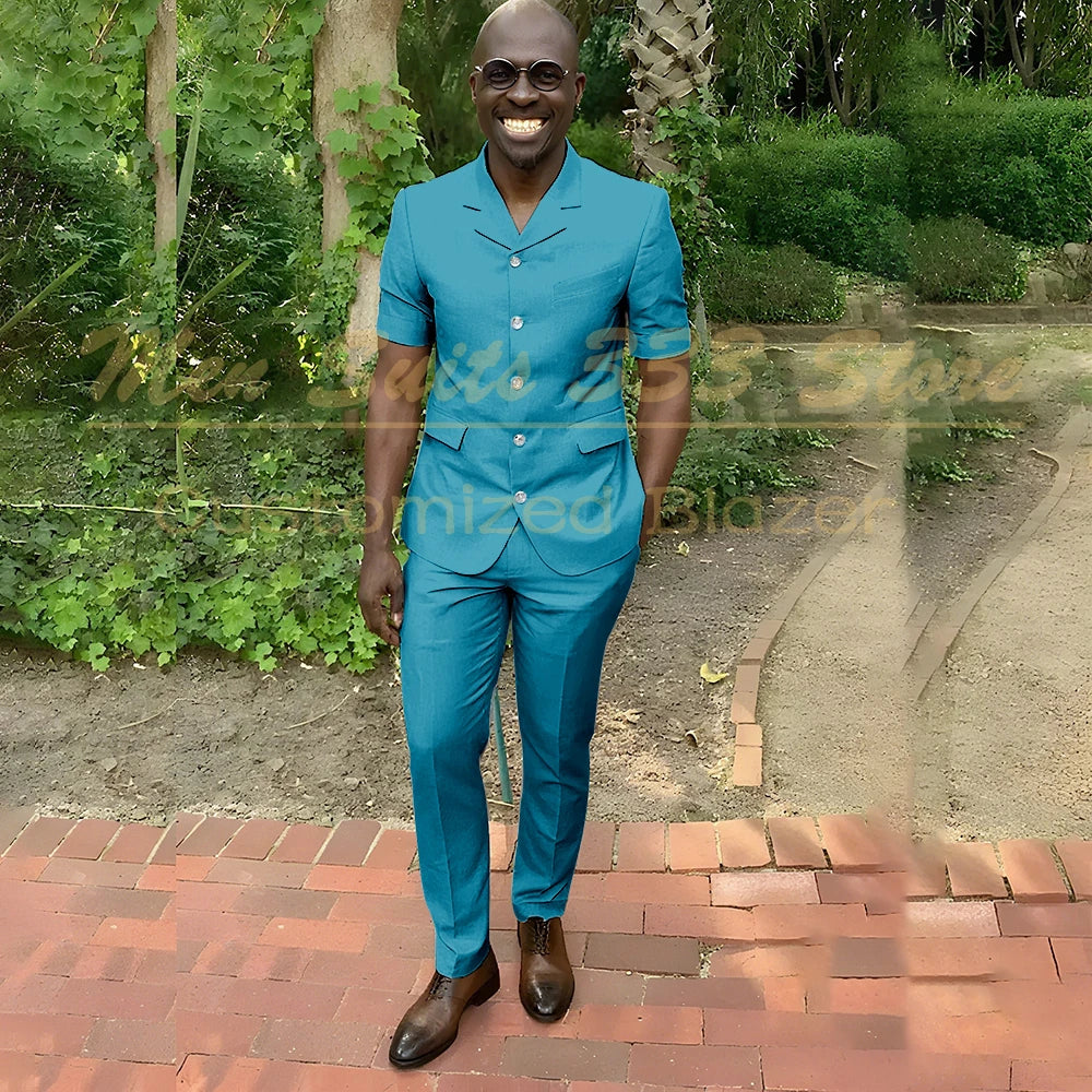 Fashion Summer Short Sleeve Men's Suits Outfits High Quality Single Breasted Notch Lapel Slim Fit 2 Piece Jacket Pants Blazer