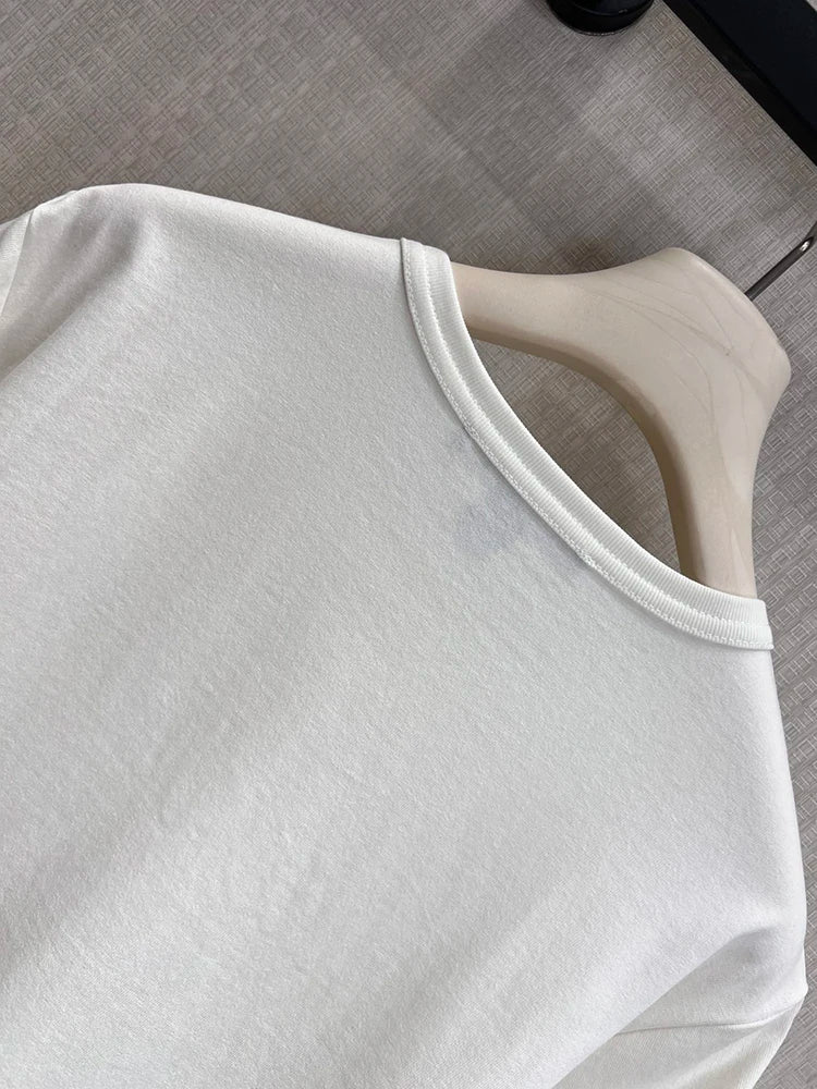 Summer Fashion Outdoors Casual White Color Simplicity Cotton T-Shirts Women's O-Neck Pocket Short Sleeve Loose Breathable Tops