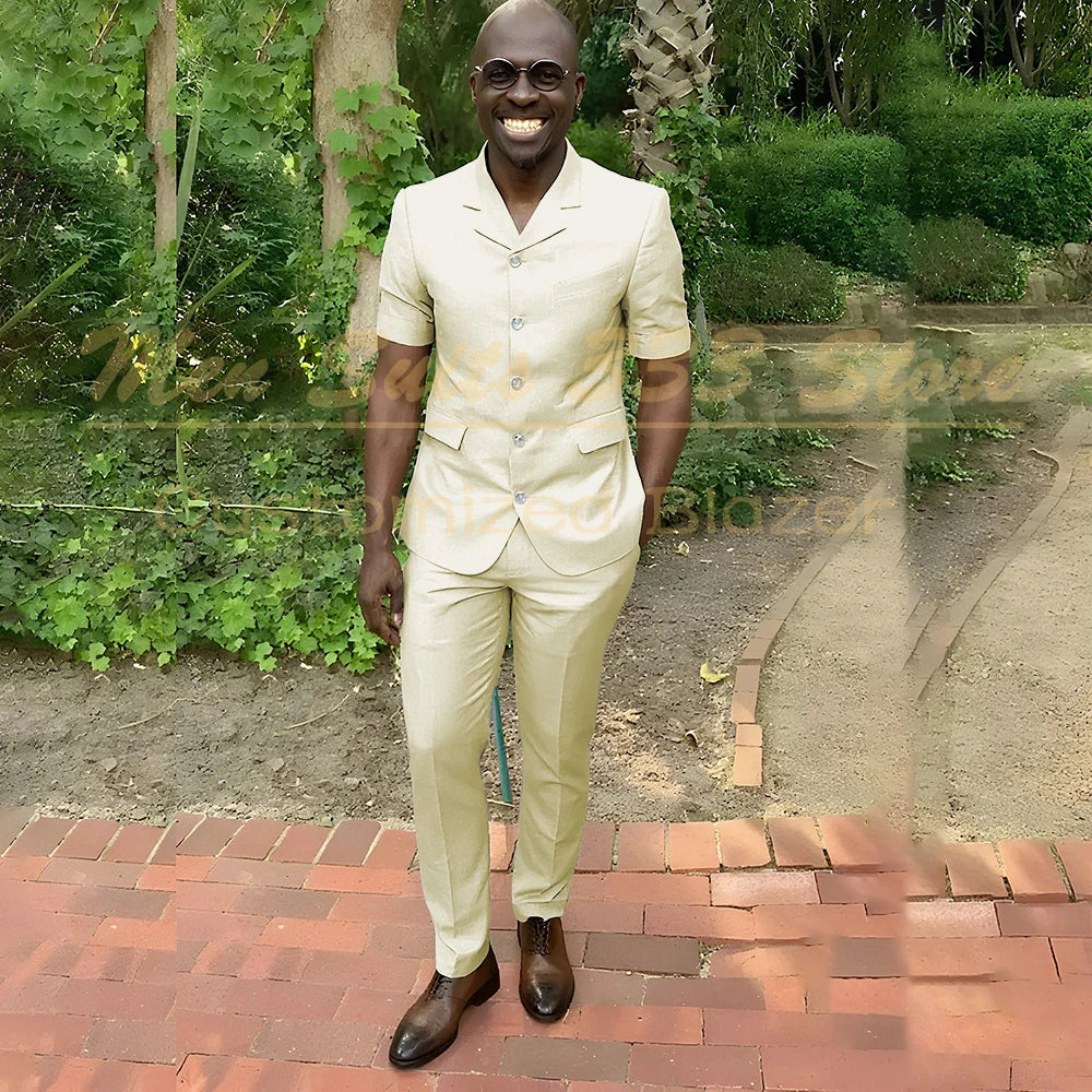Fashion Summer Short Sleeve Men's Suits Outfits High Quality Single Breasted Notch Lapel Slim Fit 2 Piece Jacket Pants Blazer