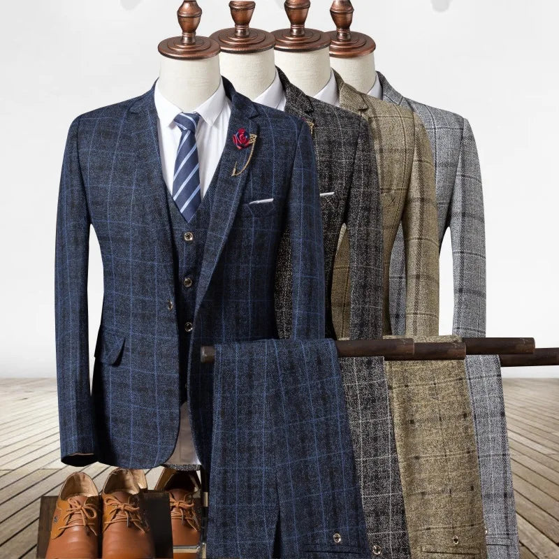 Formal Groom Wear 3 Piece (Blazer+ Vest + Pants) Men's Suit Fashion Business Gentleman Wedding Casual Plaid Cotton Linen Jacket