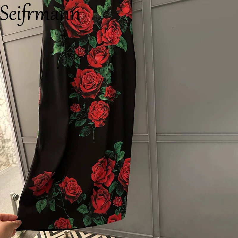 Seifrmann Casual printed silk vest dress round neck sleeveless waist mid-length dress 2026 autumn women's new style