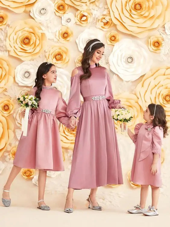 Mother and Daughter Dress Tween Girls' Halter Neckline Feather Embellished Shoulder Baring Dress With Rhinestone Detailingd