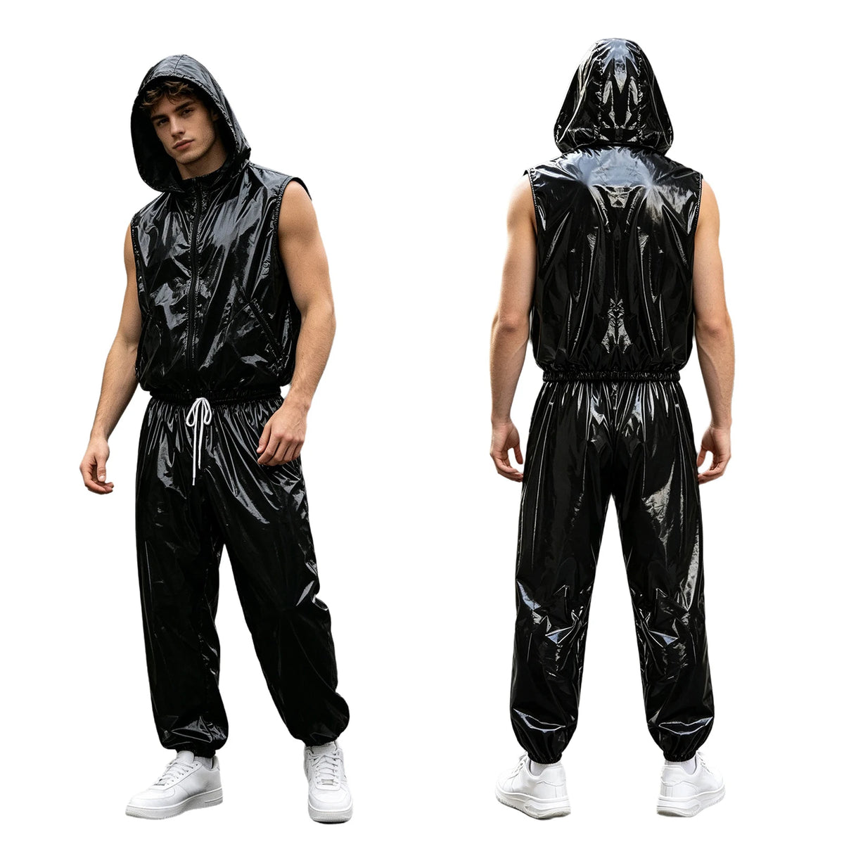 Men Waterproof Outfit Raincoat Windbreaker Sauna Suit Jacket Tops with Pants for Hip Hop Dance Sports Cycling Simmwear Clubwear