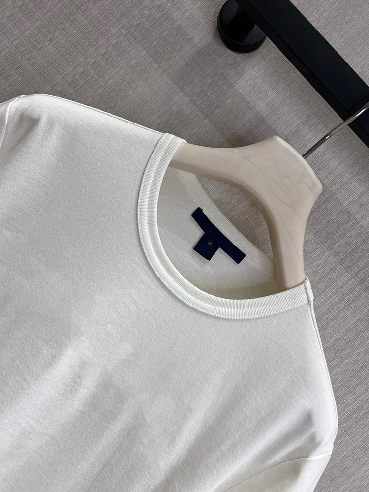 Summer Fashion Outdoors Casual White Color Simplicity Cotton T-Shirts Women's O-Neck Pocket Short Sleeve Loose Breathable Tops