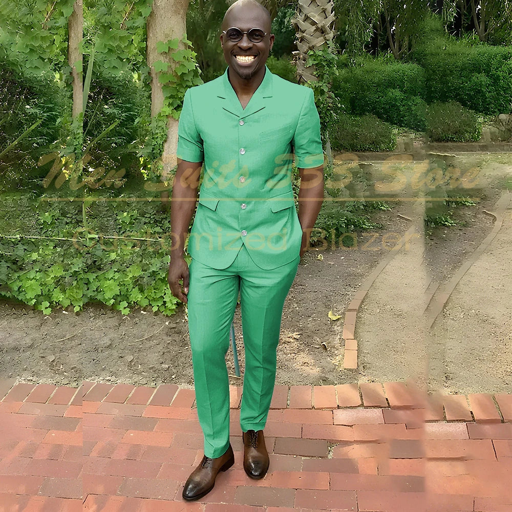 Fashion Summer Short Sleeve Men's Suits Outfits High Quality Single Breasted Notch Lapel Slim Fit 2 Piece Jacket Pants Blazer
