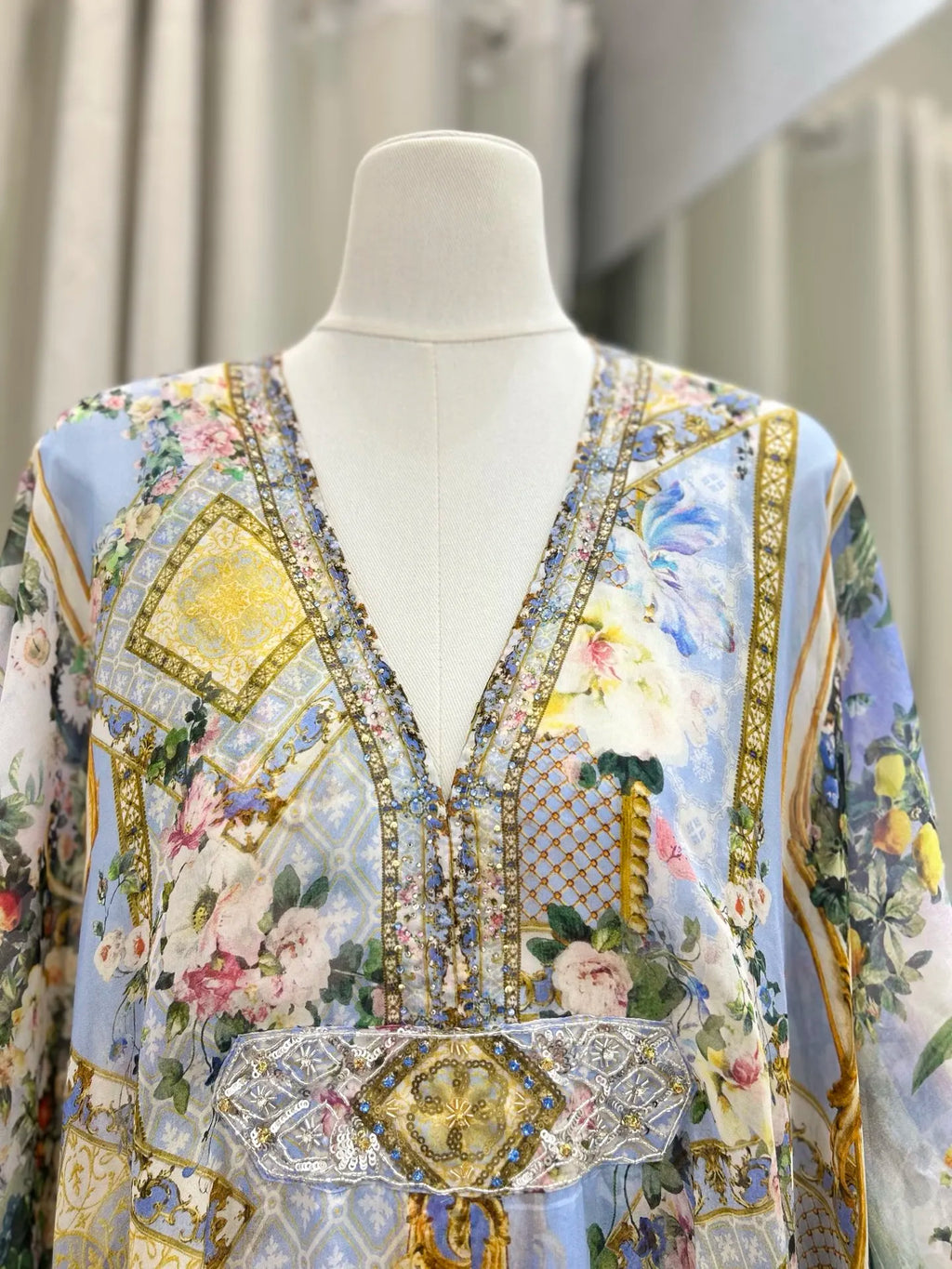 Floral Print Blue Robe for Women Heavy Beaded V-Neck Lace-up High Waist Batwing Sleeve Holiday Style Long Dress