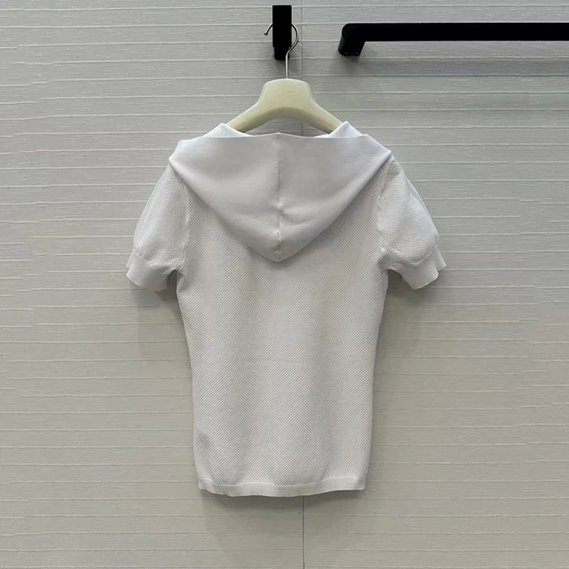 Women's t-shirt New elastic knitted short sleeved top for autumn 2025 Hooded slim fit V-neck pullover Women's corset y2k hoodie