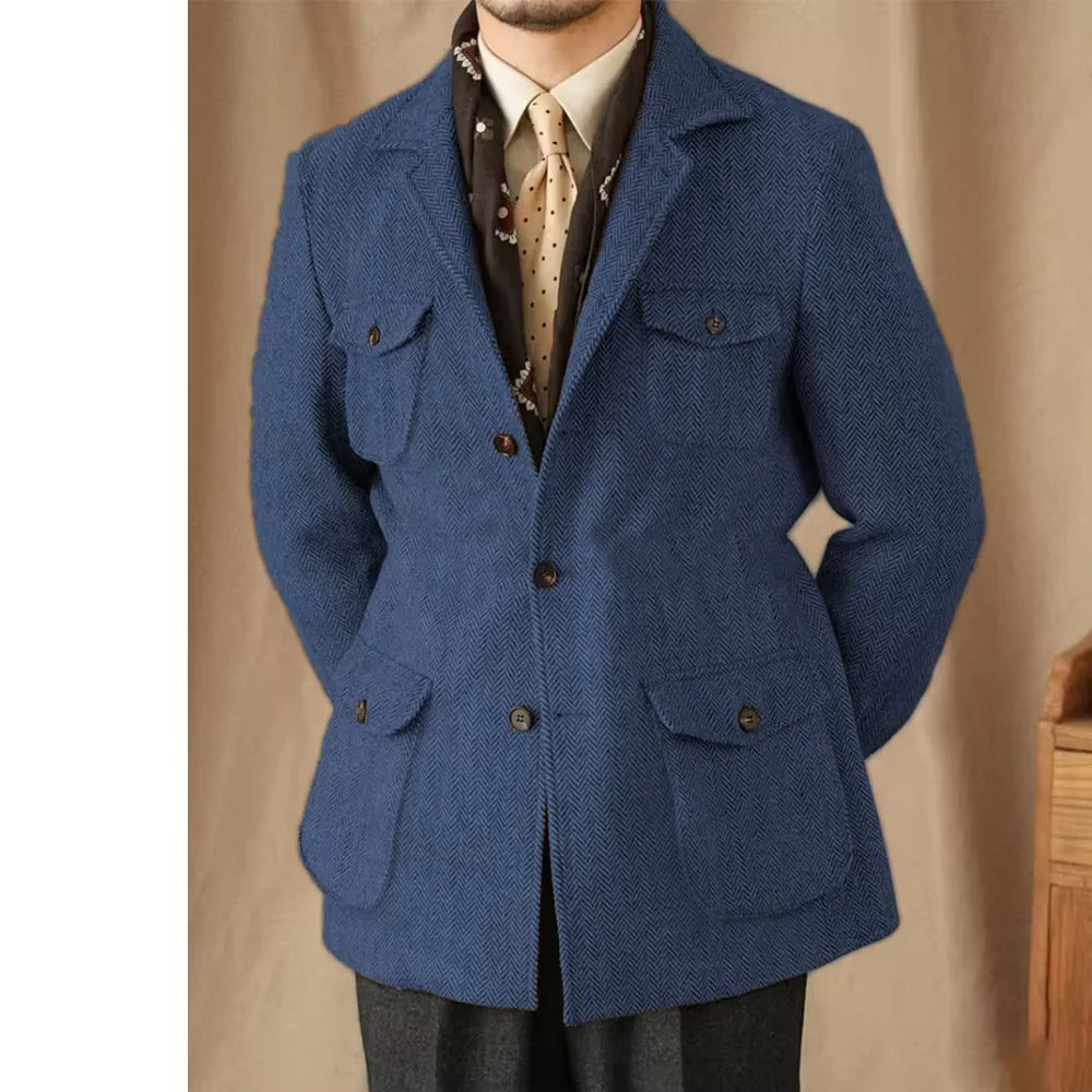 Men's Suits Vintage Herringbone Tweed Blazer British Wool Blend Double Breasted Lightweight Casual Sport Coat Formal Jacket