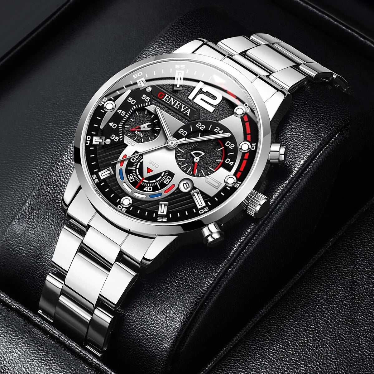 Fashion Men's Watches Stainless Steel Band Analog Quartz Wristwatch with Calendar