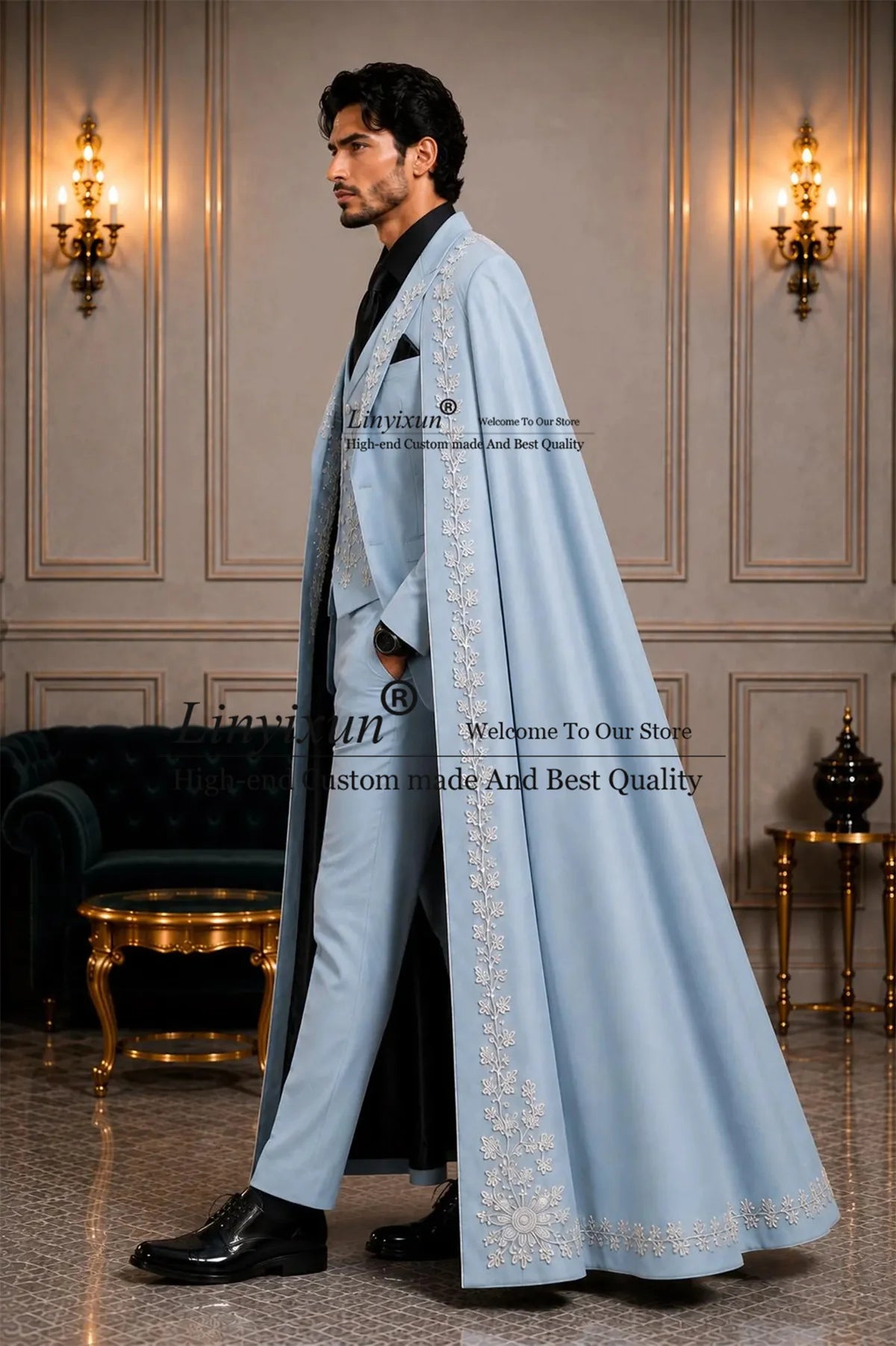Fashion Long Coat Pants Design Men Suits 3 Pieces Sets Groom Male Party Blazer Customized Wedding Tuxedo Embroidered Ropa Hombre