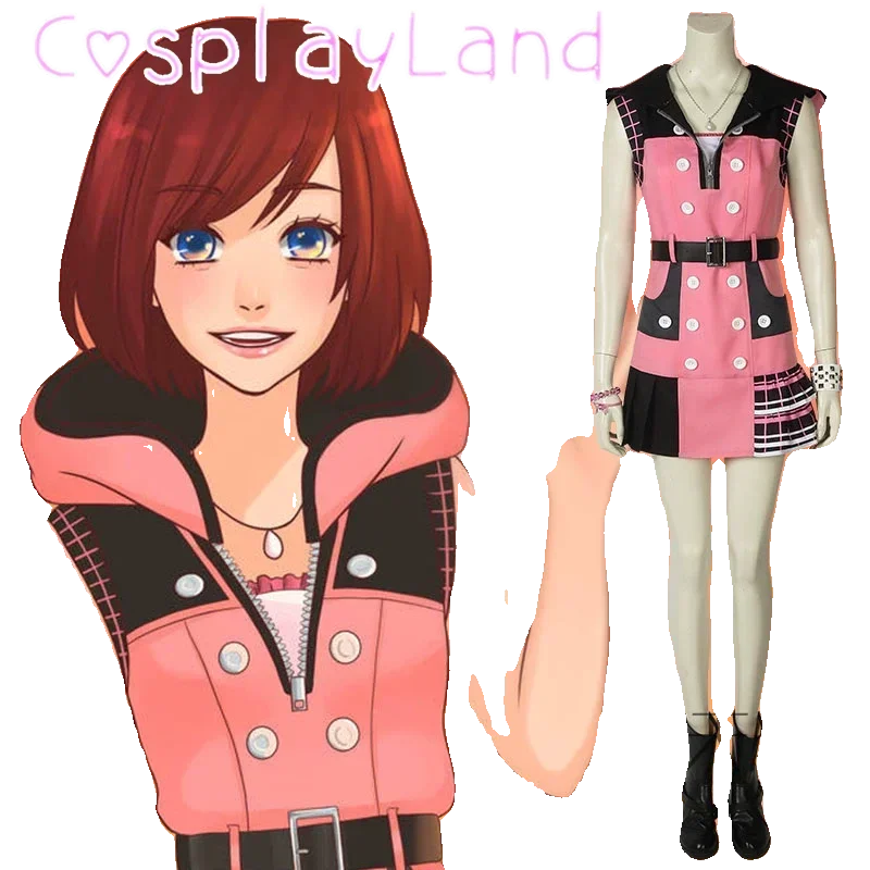 Kingdom Hearts 3 Kairi Cosplay Costume Pink Dress Outfit Combat Women Halloween Carnival Daily Adult Suit Jumpsuit Shoes
